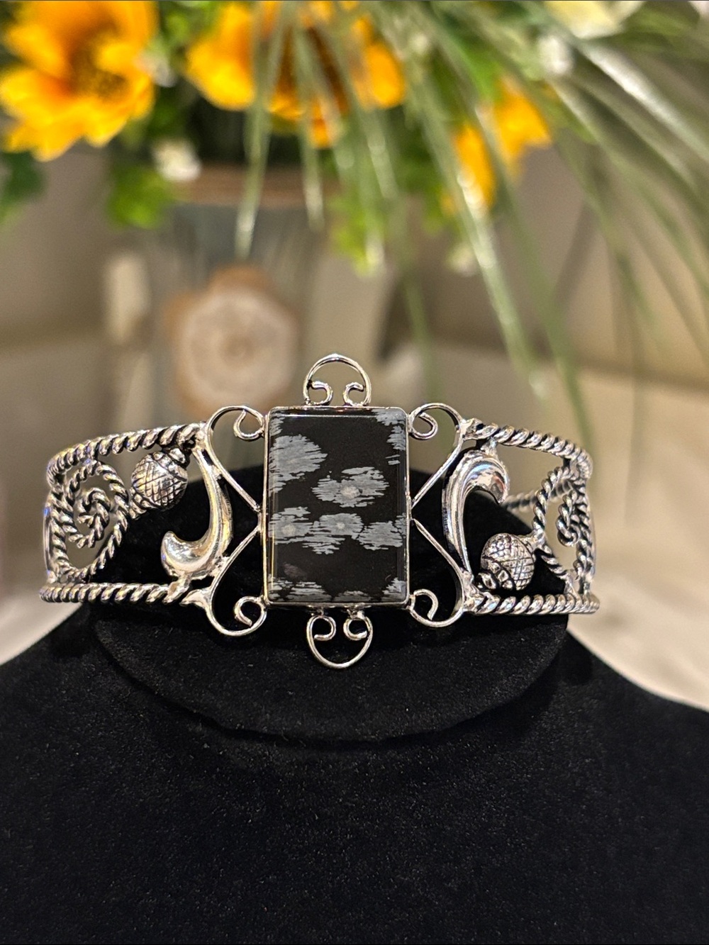 Sterling Silver Snowflake Obsidian Statement Bracelet - Adjustable
